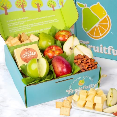 A Gift Inside fruit gift basket with fresh mixed fruit, cheese, and olive oil crackers arranged in a decorative wicker basket.