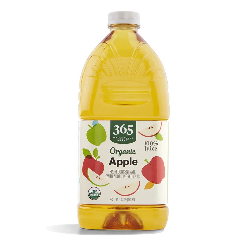 Organic apple juice by 365 Whole Foods Market in a 64 fl oz bottle, clear label with fresh apple images and green accents.