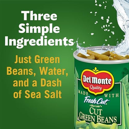 Canned green beans in 14.5 oz Del Monte FRESH CUT BLUE LAKE green beans pack, showing green beans inside the can