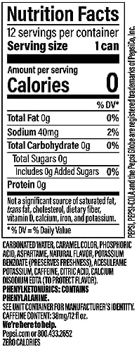 Pepsi Zero Sugar Cola soda cans, 12 fl oz each, in a pack of 12, soft drinks with the Pepsi branding.