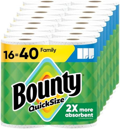 Bounty Paper Towels Quick Size in white, 16 family rolls, 40 regular rolls, with K-Cup coffee pods on a kitchen countertop