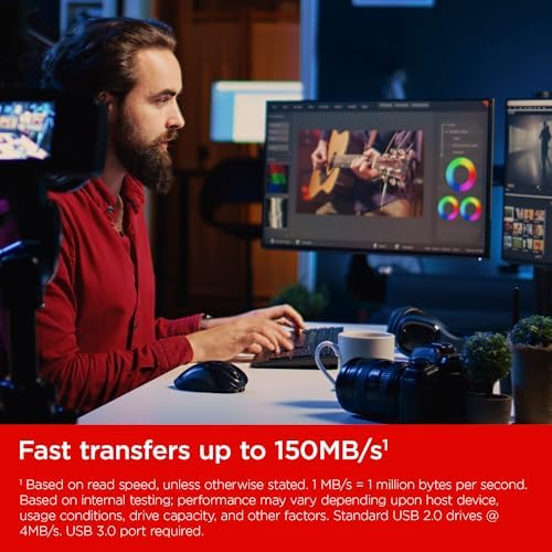 SanDisk 128GB Ultra Flair USB-A flash drive with BackupMyFilesNow brand and up to 150MB/s read speed, shown in the image.
