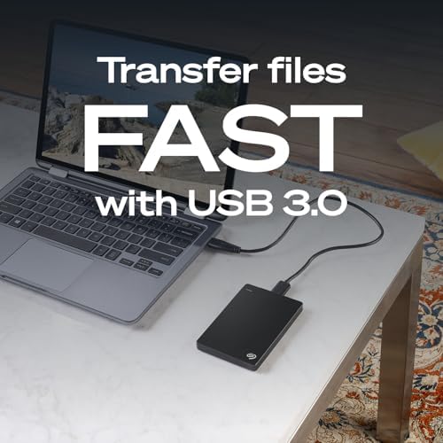 Seagate Portable 1TB external hard drive in black with USB 3.0 port, suitable for PC, Mac, PlayStation, and Xbox.