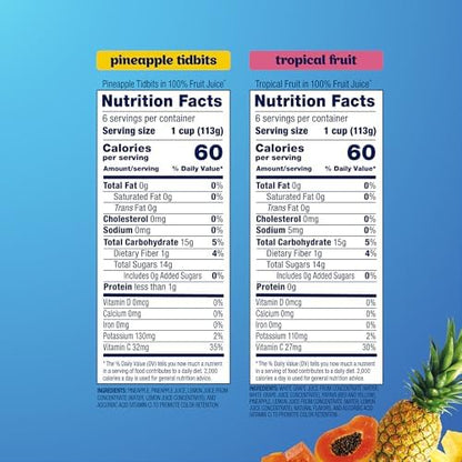 Canned Dole pineapple tidbits and tropical fruit in 4 oz bowls, 12-pack, showing colorful mixed fruit pieces in clear containers.