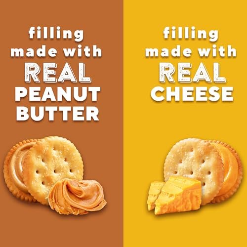 Ritz peanut butter and cheese sandwich crackers variety pack with 20 snack packs, showing colorful cracker boxes and packaging.