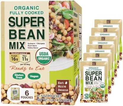 Ready-to-eat organic super bean mix from Eat More Beans in six 5oz packs, featuring a variety of fully cooked beans.