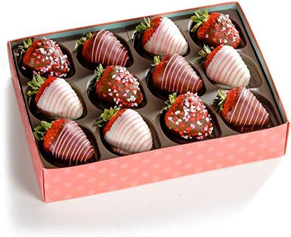 Chocolate covered strawberries gift box by A Gift Inside featuring 12 fresh dipped berries, perfect for birthdays, thank you, and anniversaries.