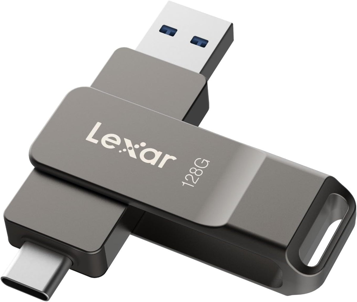 Lexar D40E 128GB dual USB 3.2 Type-C jump drive in champagne silver, portable USB flash drive with sleek design.