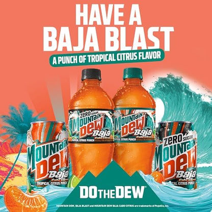 12 cans of Mountain Dew Baja Cabo Citrus Zero Sugar soda, 12 fl oz each, with vibrant citrus-themed can design.