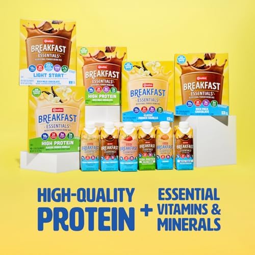 Carnation Breakfast Essentials Original nutritional powder drink mix shown in a glass, ready to be mixed for an instant breakfast.