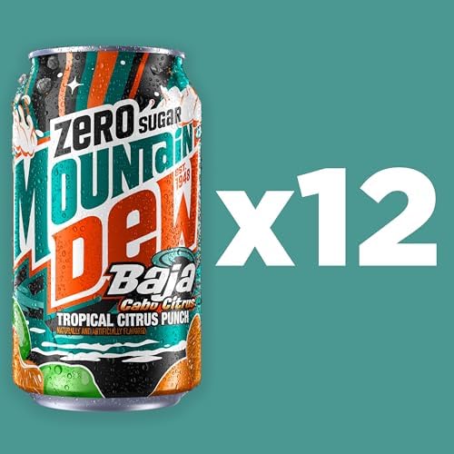 Pack of 12 Mountain Dew Baja Cabo Citrus Zero Sugar soda cans, 12 fl oz each, featuring colorful citrus-themed graphics.