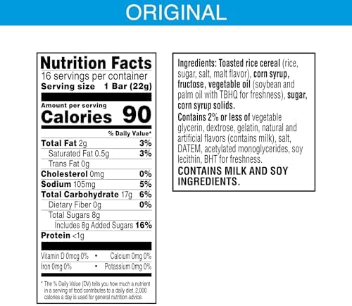 Box of Rice Krispies Treats crispy marshmallow cereal bars, original flavor, 12.4oz, featuring 16 snack bars.