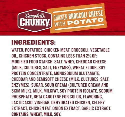 Campbell’s Chunky Chicken Broccoli Cheese Soup in an 18.8 oz can, showing the soup with chicken, broccoli, and cheese chunks.