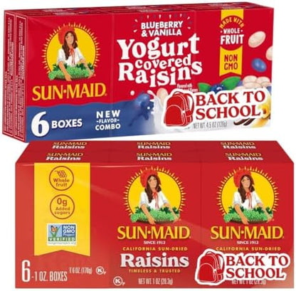 Sun-Maid raisin snack pack bundle with blueberry vanilla yogurt and classic California sun-dried raisins in 1 oz boxes.