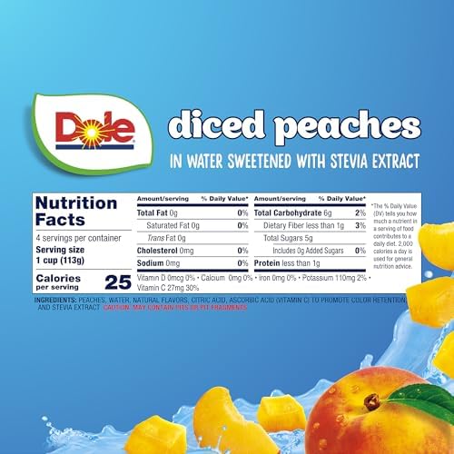 Dole Fruit Bowls diced peaches in 4oz snack cups, showing peeled and sliced peaches in clear plastic containers.