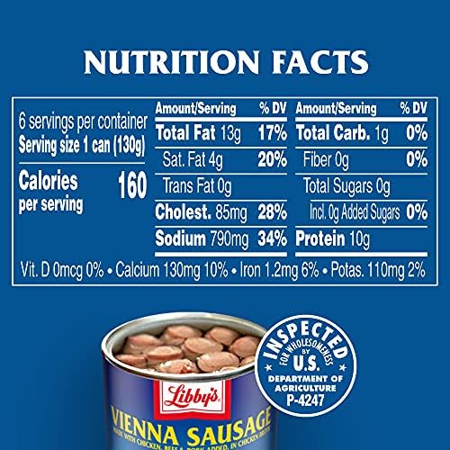 Libby's Vienna Sausage canned meat in 4.6 oz. cans, ready to eat, with 10g protein per serving, bulk pack of six.