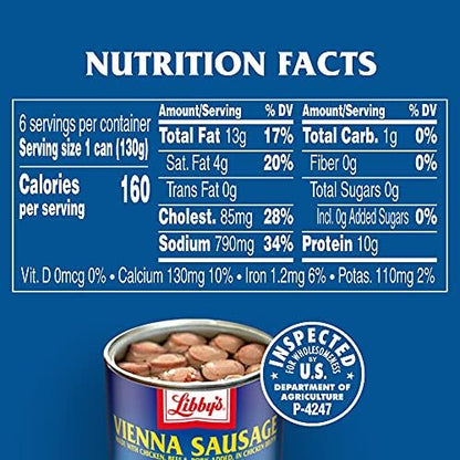 Libby's Vienna Sausage canned meat in 4.6 oz. cans, ready to eat, with 10g protein per serving, bulk pack of six.