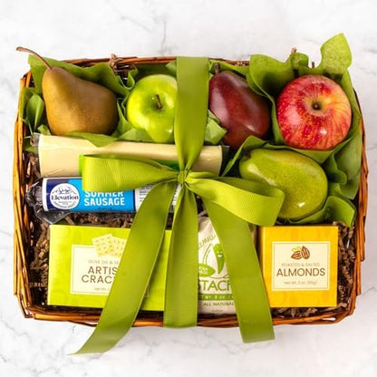 Gourmet gift basket by A Gift Inside filled with fresh fruit, nuts, meats, and cheeses for holidays, corporate gifts, or special occasions.