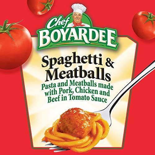 Four 14.5 oz cans of Chef Boyardee Spaghetti and Meatballs, packaged pasta with tomato sauce and meatballs, stacked together.