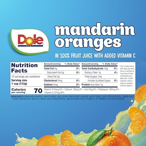 Canned Dole Mandarin Oranges fruit bowl in 4oz cup, showing bright orange segments in a clear container.
