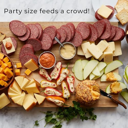 Hickory Farms party-size beef summer sausage sliced on a platter, ready for snacking or entertaining.