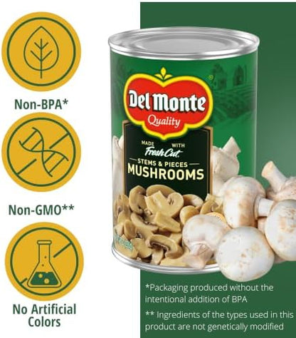 Canned Del Monte Mushrooms Stems and Pieces 8 oz. can, 12-pack, showing sliced mushroom pieces in a can.