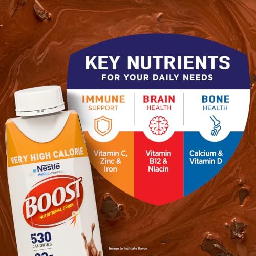 Boost Very High Calorie Nutritional Chocolate Protein Drink 8 fl oz, 24-pack, with rich chocolate flavor and nutritional benefits.