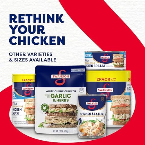 Swanson White Premium Chunk Canned Chicken in Water, 4 cans of 2.4 oz each, showing canned chicken in water with label.
