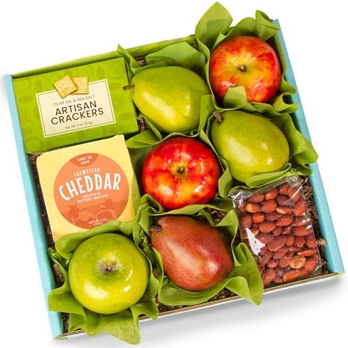 A Gift Inside fruit gift basket with fresh mixed fruit, cheese, and olive oil crackers arranged in a gift basket.
