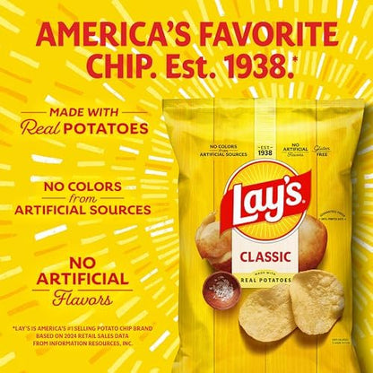 Lay's Classic potato chips in a 10-count bag package, crispy and golden snack with ridged texture.