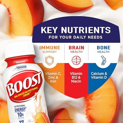 BOOST Original Nutritional Shake in Peaches & Crème flavor, ready-to-drink 24-pack, showing a bottle with peaches and cream flavor label.