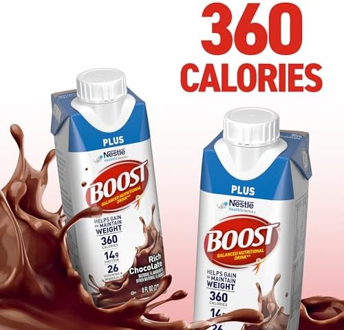 Boost Plus Rich Chocolate protein drink, ready-to-drink nutritional beverage in 24-pack, featuring a chocolate-flavored protein supplement.