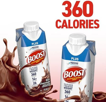 Boost Plus Rich Chocolate protein drink, ready-to-drink nutritional beverage in 24-pack, featuring a chocolate-flavored protein supplement.