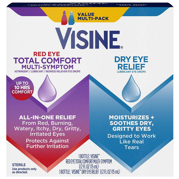 Pasteur Pharmacy Visine Red Eye Total Comfort eye drops in medicine cabinet, showing packaging and bottle for dry eye relief.