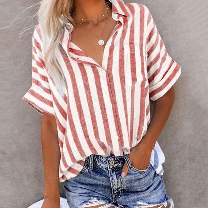 Madam striped short sleeve lapel button cardigan shirt with front pockets