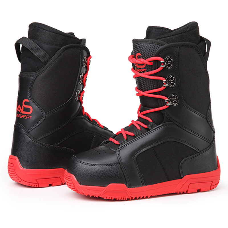 Black ski boots for ski equipment, side view