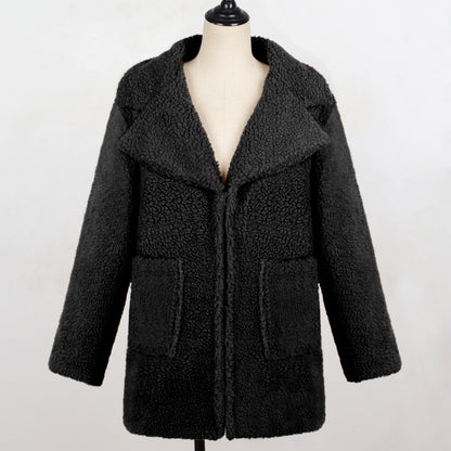 Long faux fur coat with suit collar for women, casual style in a full-length view