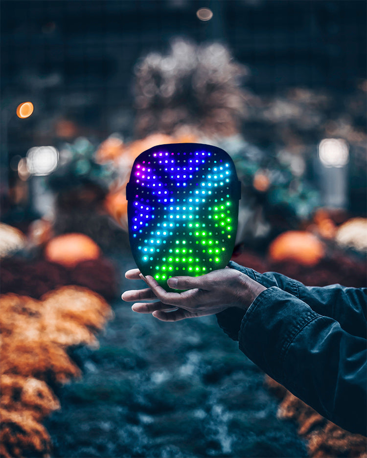 LED mask with gesture sensing and 50 Halloween cosplay patterns on a dark face covering