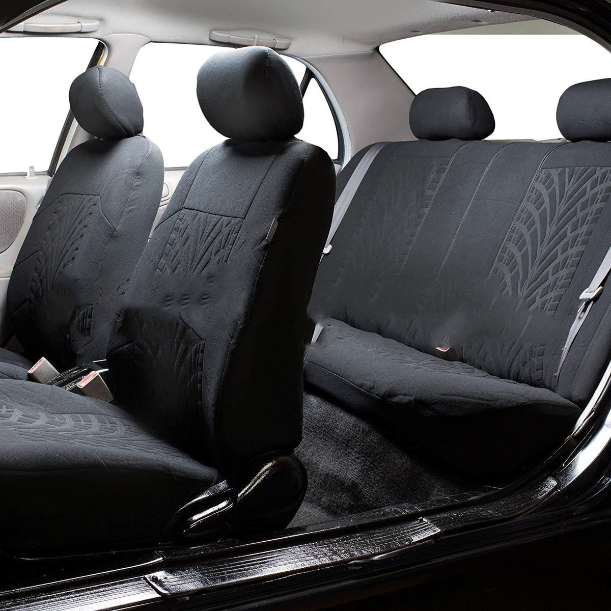 Tire pattern car seat cover in black and gray fabric with automotive tread design