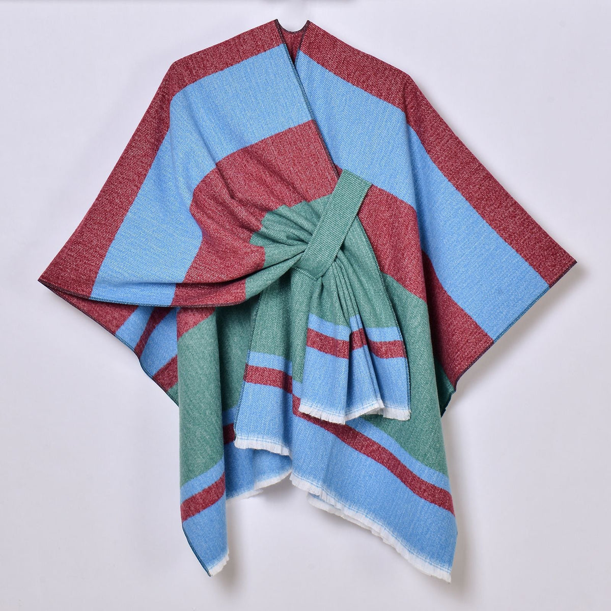 Women's striped tassel cross-strap warm cape shawl in a cozy draped style