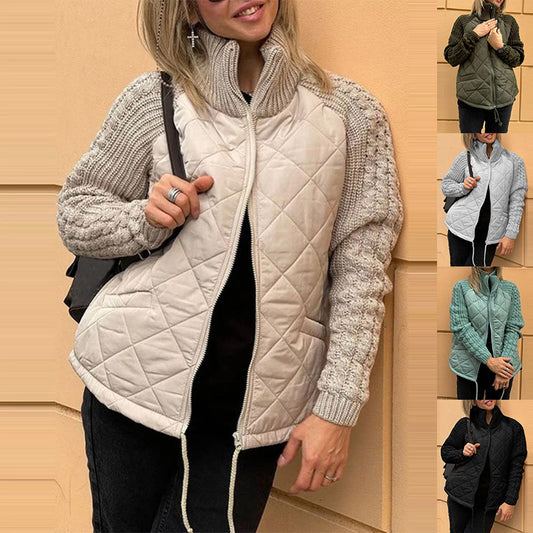Women's winter stand-collar cotton jacket with pockets, knitted stitching, and front zipper closure