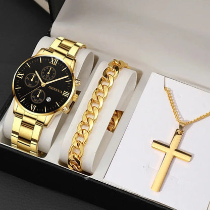 Men's business fashion steel watch with three-eye dial, single calendar, bracelet, and cross accessory nggun