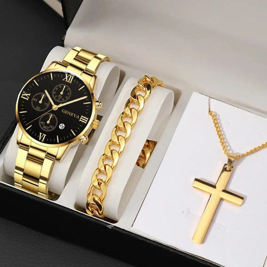 Men's business fashion steel watch with three-eye dial, single calendar, bracelet, and cross accessory nggun