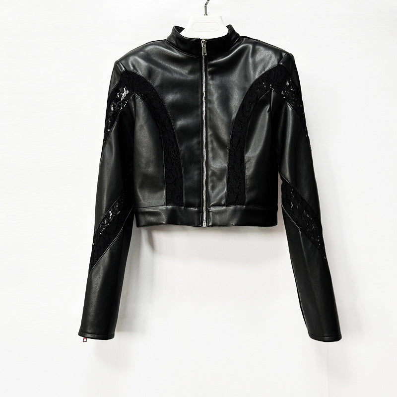 Faux leather lace patchwork cropped jacket with textured panels and long sleeves