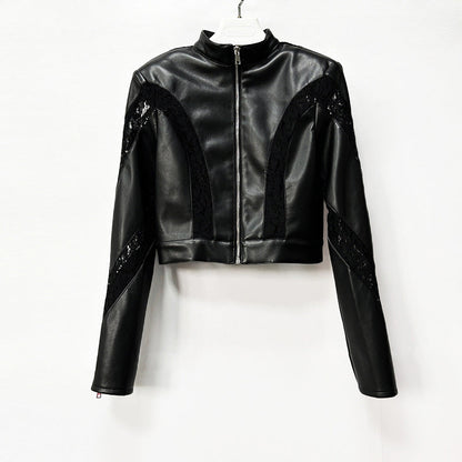 Faux leather lace patchwork cropped jacket with textured panels and long sleeves