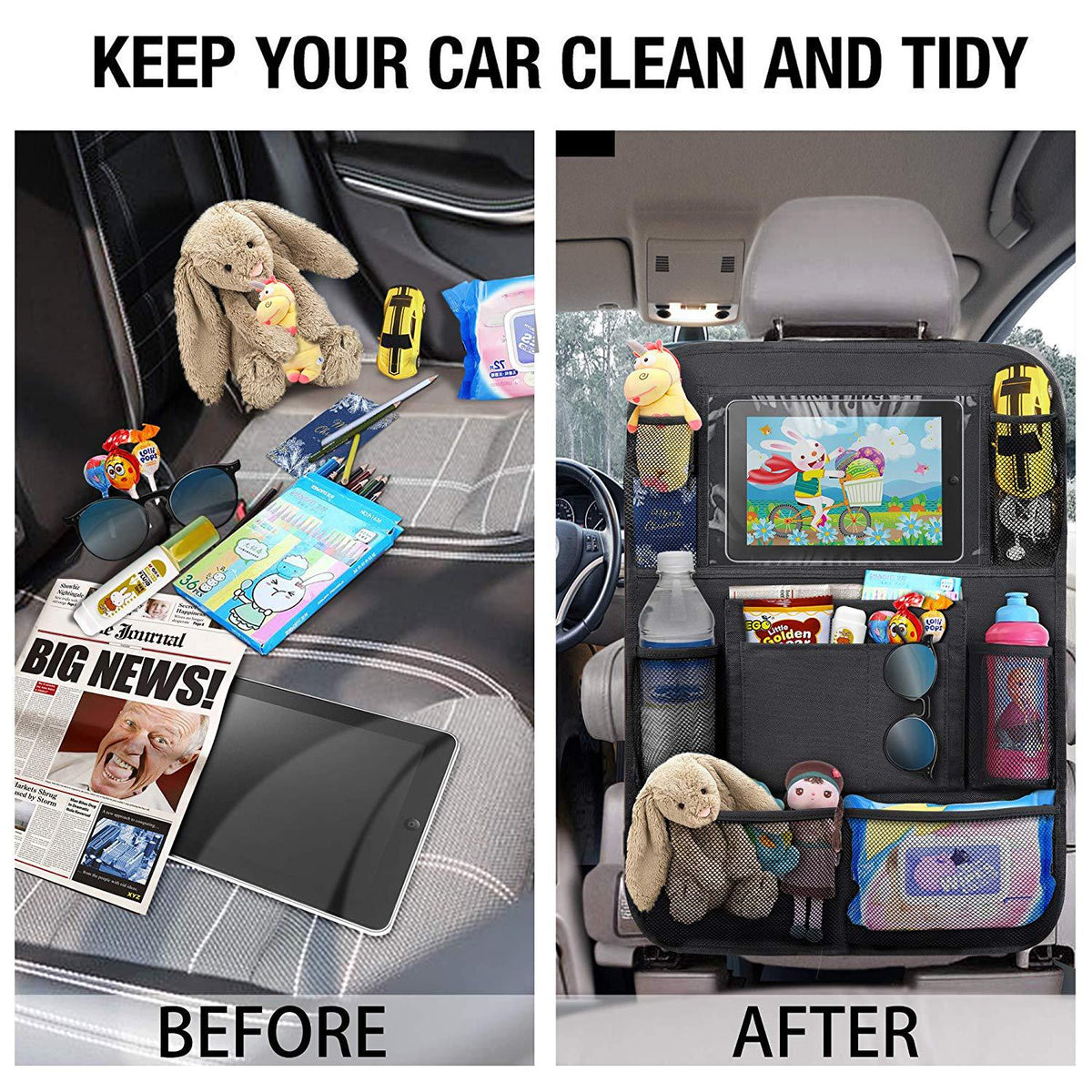 Child car seat back cover with touch screen, black automotive seat organizer being viewed from the front