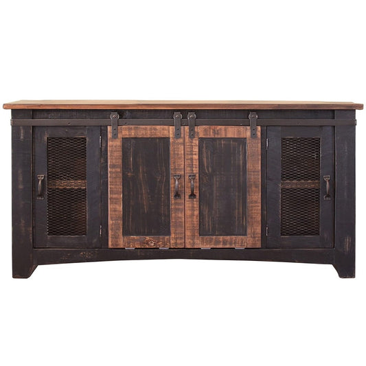 Black 60-inch solid wood TV stand with enclosed storage, distressed finish, part of BACKUPMYFILESNOW® entertainment centers collection.