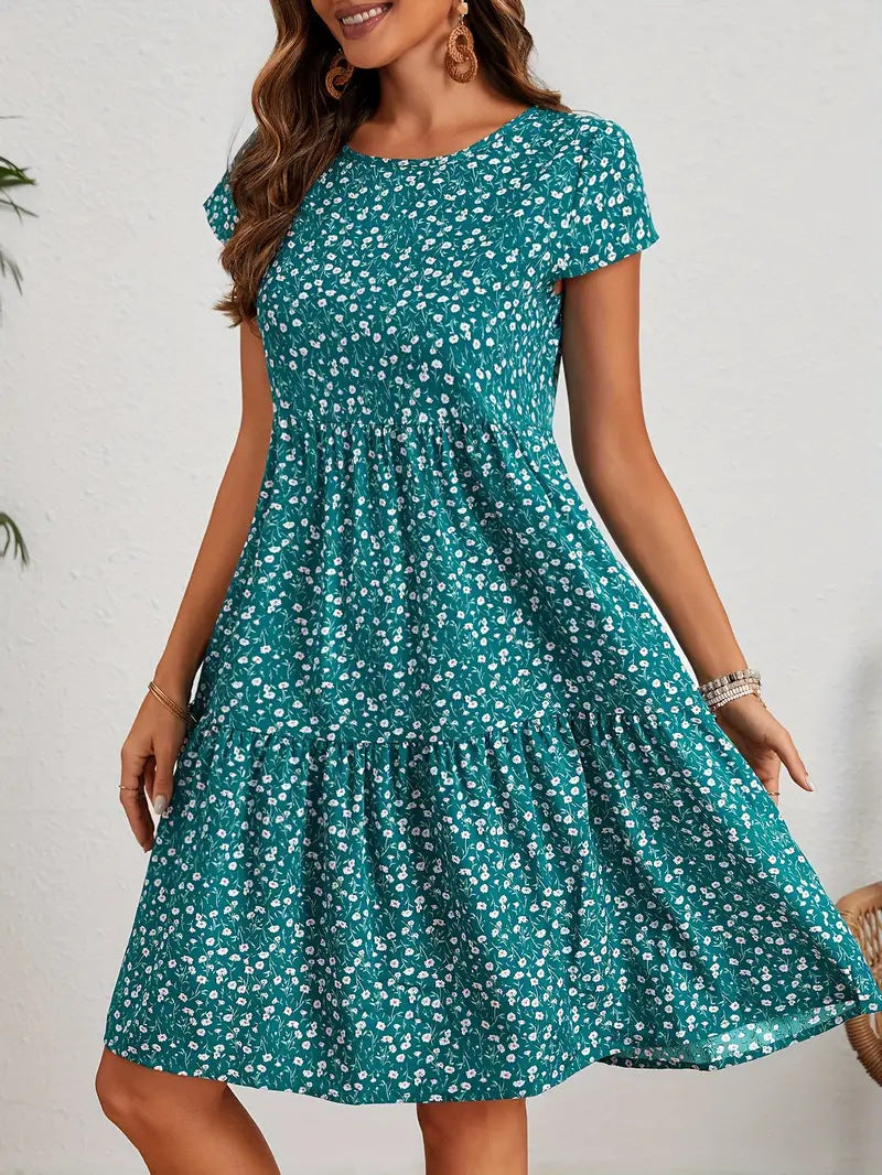 All-over print crew neck short sleeve casual women's dress, style type 4