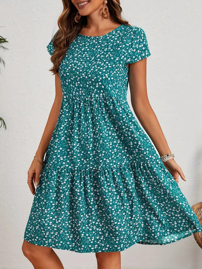 All-over print crew neck short sleeve casual women's dress, style type 4