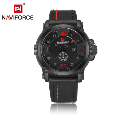 NAVIFORCE 9099 men's waterproof quartz watch with black dial and stainless steel band, outdoor and casual style.